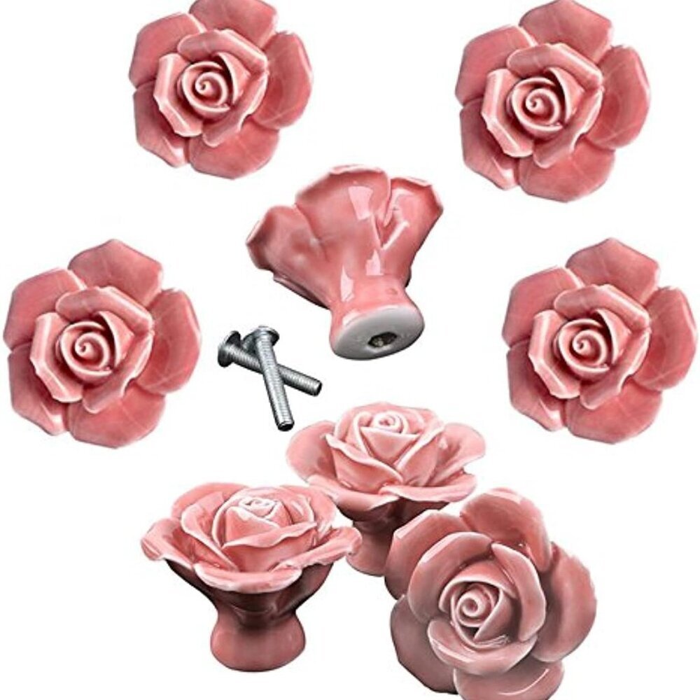 Knobs, 8Pcs Elegant Pink Rose Pulls Flower Ceramic Cabinet Knobs Cupboard Drawer